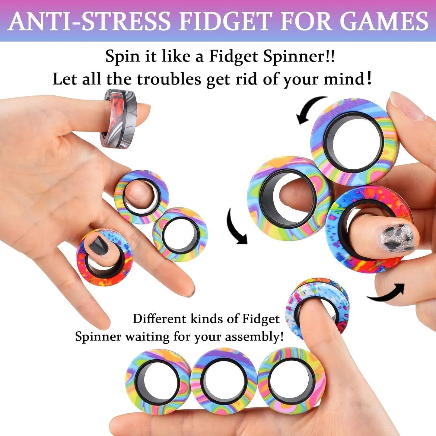 Magnetic Rings Fidget Toy, ADHD Anxiety Magnetic Finger Spinner Coolest Magnet Stress Relief Toy for Kids Adults Teen Gifts