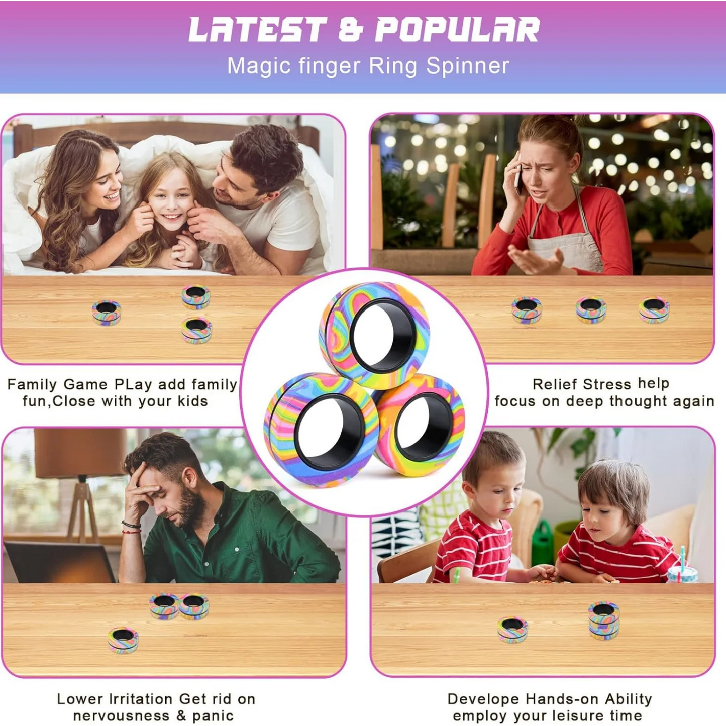 Magnetic Rings Fidget Toy, ADHD Anxiety Magnetic Finger Spinner Coolest Magnet Stress Relief Toy for Kids Adults Teen Gifts
